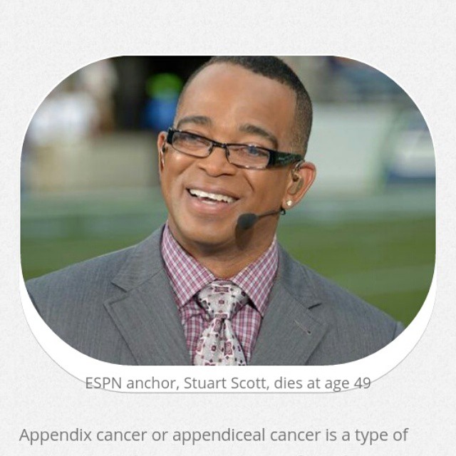 R.I.P Stuart Scott, you had a tough fight!   ‪#‎StuartScott‬ ‪#‎AppendixCancer‬ ‪#‎Cancer‬ ‪#‎CancerFight‬ ‪#‎FightCancer‬ ‪#‎CancerBattle‬ ‪#‎BattlingCancer‬ ‪#‎RareCancerTypes‬ ‪#‎GastrointestinalCancers‬ ‪#‎PostChemoWorkout‬   http://www.cancerresearch