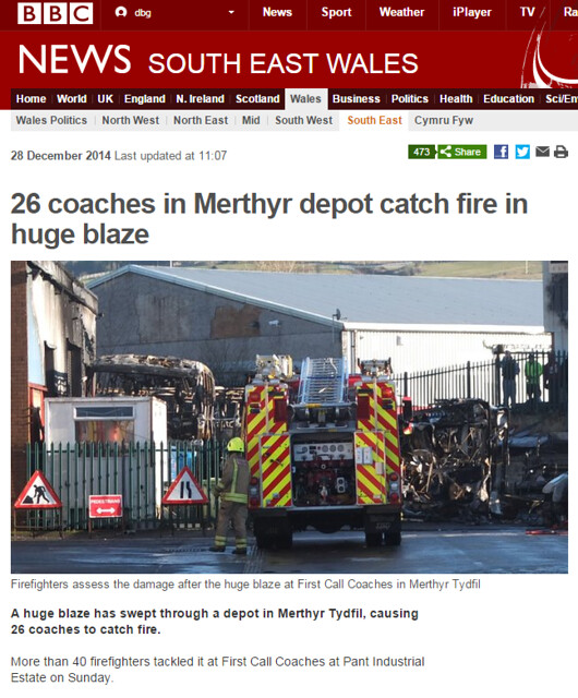 BBC News   26 coaches in Merthyr depot catch fire in huge blaze