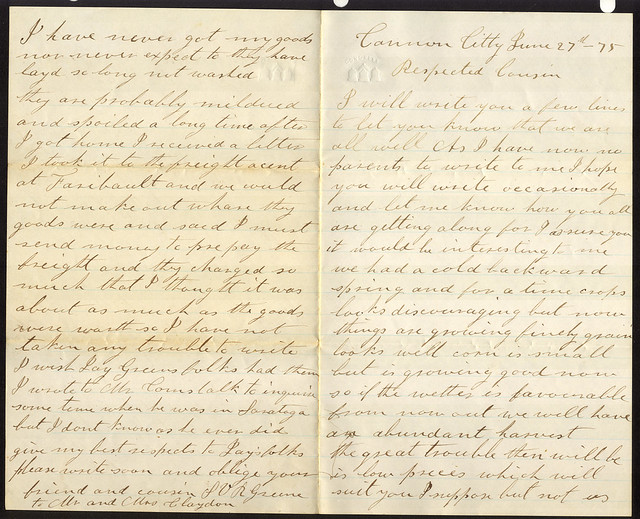 1875-06-27 Cannon City - SVR Stephen Van Rennselear Green to Charity wife of James Claydon 1