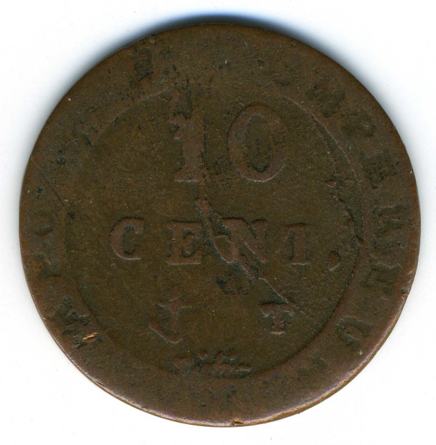 Nantes, fausse pièce de 10 centimes de Napoléon Ier (1804-1815), frappée vers 1810 revers (photo : Gildas Salaün).