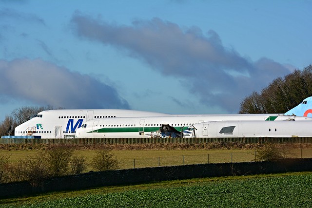 TF-AME Med-View / Air Atlanta Icelandic Boeing 747-312 with Alitalia Airbus and Boeing 737 fuselages at Cotswold Airport / Kemble