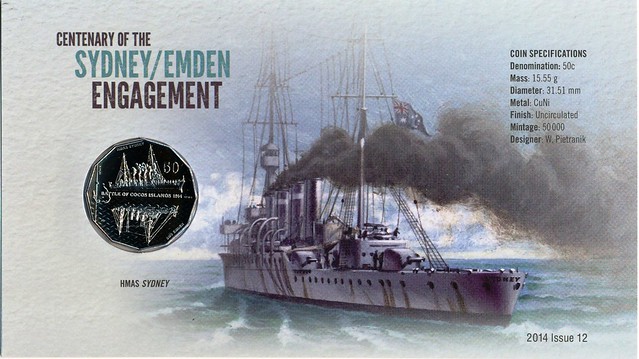 1914-2014 Australia Post and Royal Australian Mint  cover marking the Centenary of the SYDNEY-EMDEN battle. HMAS SYDNEY [I].