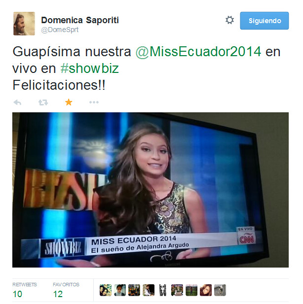 Foto compartida por Doménica Saporiti, Miss Ecuador 2008, sobre la entrevista de Alejandra Argudo, Miss Ecuador 2014, en Showbiz de CNN en español.