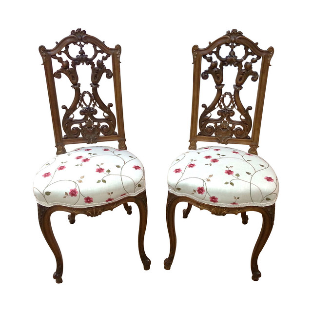 Pair of French Antique Louis XV Style Carved Walnut Ballroom Chairs