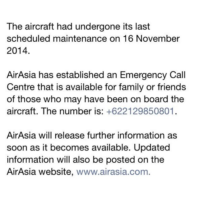 Updated statement AIRASIA for QZ8501 #28122014  #Repost  #News
