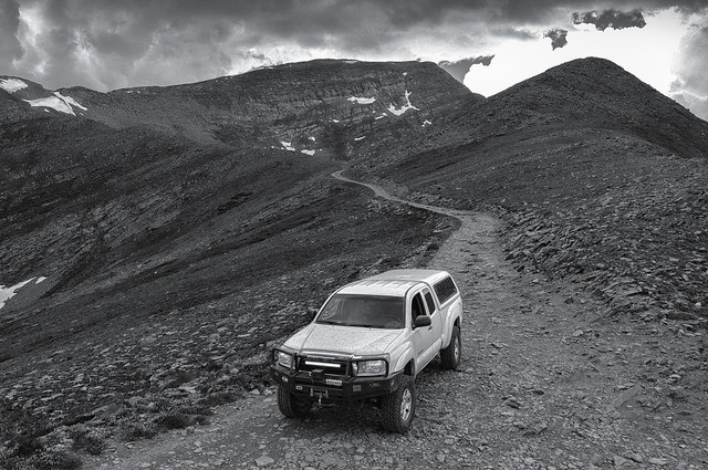 blackandwhite mountains truck landscape colorado jeep offroad 4x4 highcontrast pickup trail alpine bumper toyota scree rockymountains tacoma arb talus snugtop sangredechristo ledlightbar