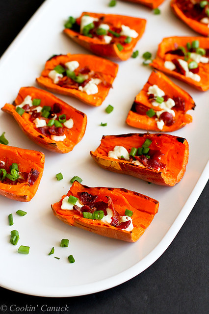 Light Sweet Potato Skins with Bacon & Goat Cheese.A healthy game day recipe! 87 calories & 2 Weight Watcher PP | cookincanuck.com
