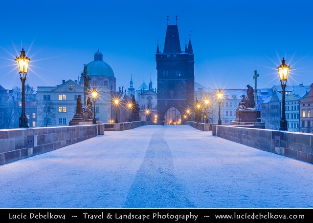 Czech Republic - Prague - Praha - Charles Bridge - Karlův most at Winter Snowy Dawn - Blue Hour - Twilight