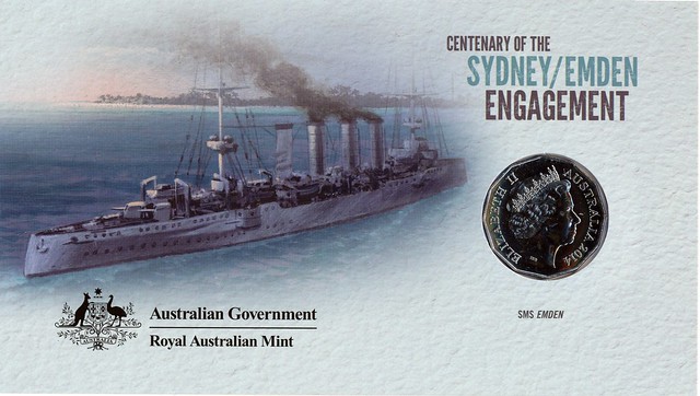 1914-2014 Australia Post and Royal Australian Mint  cover marking the Centenary of the SYDNEY-EMDEN battle. HMAS SYDNEY [I]. SMS EMDEN.
