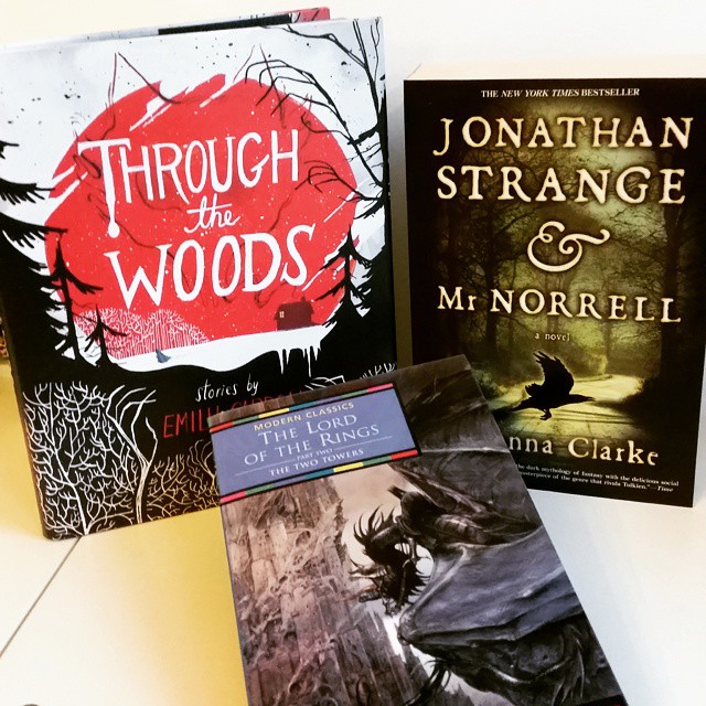 Participating in this treasure hunt has taught me I need more books. You now, so I can ace more of these treasure hunts. 1)A tree: multiple trees on the cover of Jonathan Strange & Mr Norrell by Susanna Clarke, 2)Snow: Through the Woods by Emily Carrol, 3