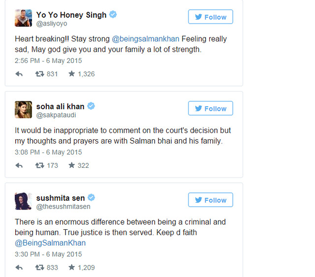 Bollywood celebs reaction on Salmans verdict - #Court, #Salman, #Tweets - cinemababu