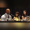 San Andreas cast Dwayne Johnson, left, Carla Gugino and Alexandra Daddario during the press conference on May 16 in Los Angeles, California. #SanAndreas #DwayneJohnson #AlexandraDaddario #PressConference San Andreas is out in theaters May 29.