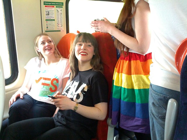 Yes DIY t-shirts & skirt on Yes train #MarRef #gettheboattovote