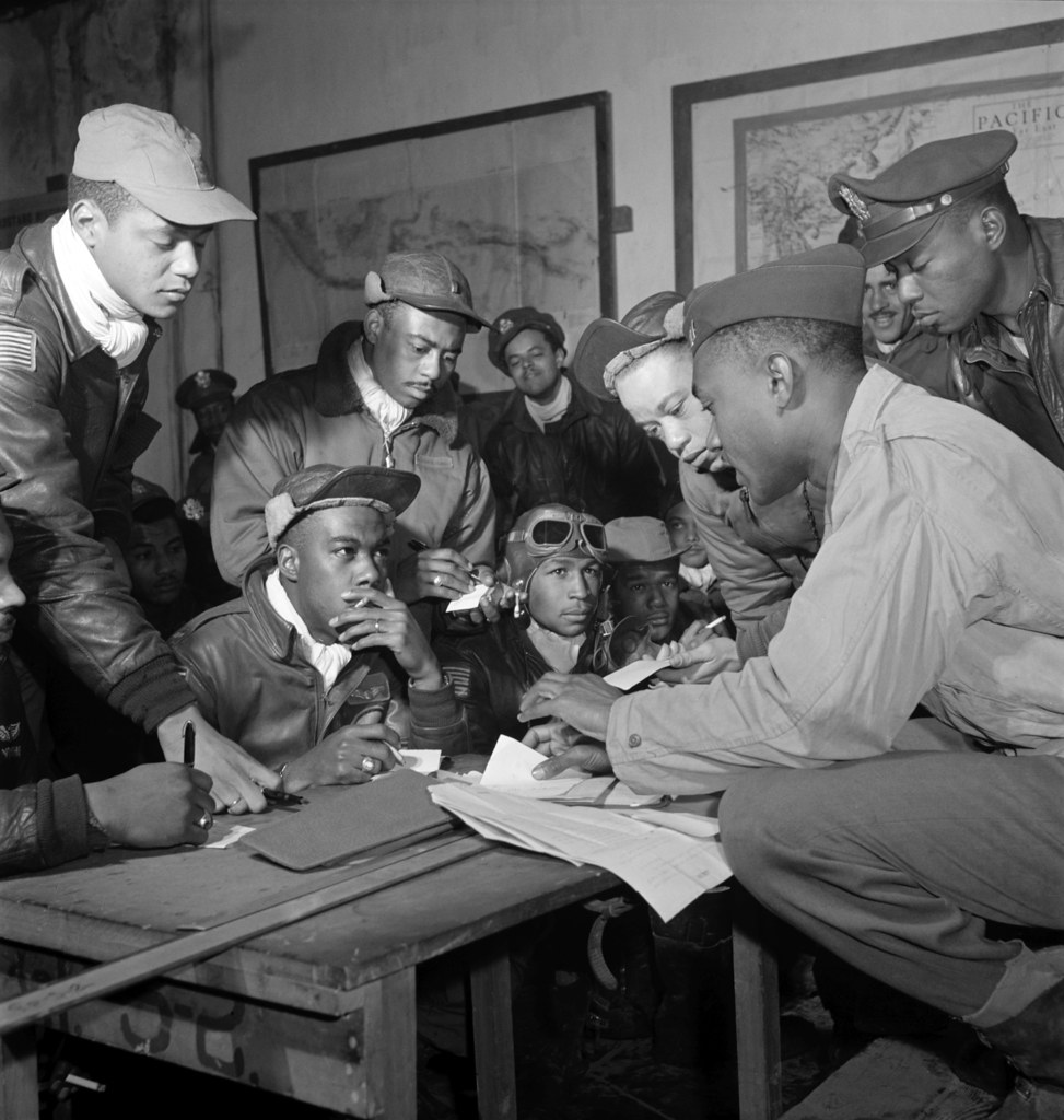 : Several Tuskegee Airmen at Ramitelli, Italy March 1945.