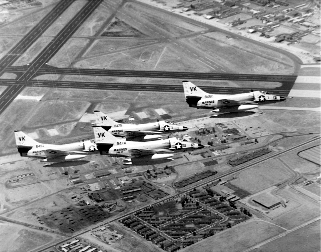 : A-4C Skyhawks of VMA-121 over MCAS El Toro 1961