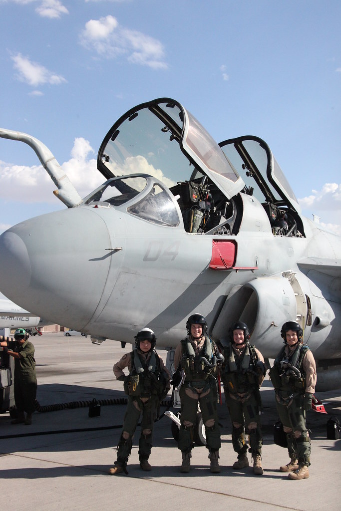 : Female Marines of Marine Tactical Electronic Warfare Squadron 3 prepare to embark on the first known all female Northrop Grumman EA-6B Prowler flight.
