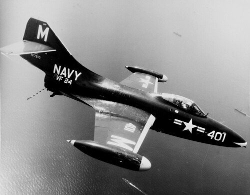 Grumman F9F-2 Panther (BuNo 127210) of VF-24 over Task Force 77 in July 1952 ©  Robert Sullivan