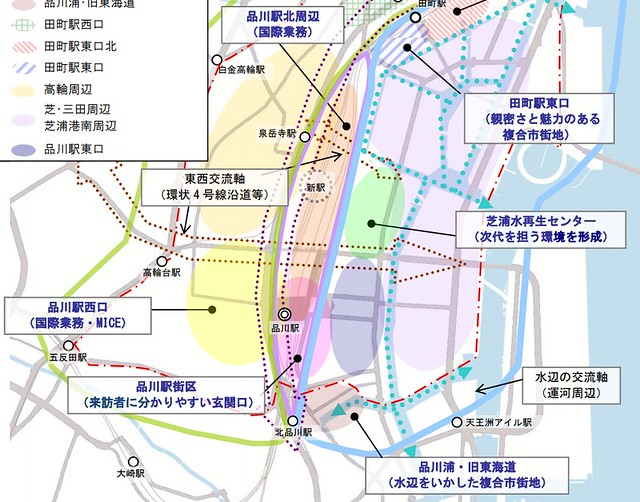 都市計画上は、赤い点線の内側が品川駅周辺...