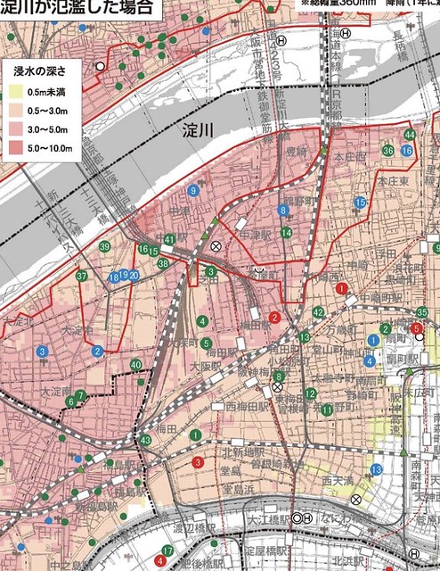 大阪市の淀川氾濫想定地図です。画像右下辺...