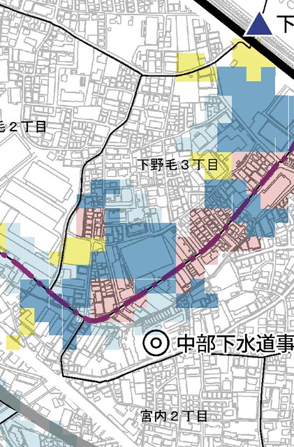 川崎市の内水ハザードマップ。