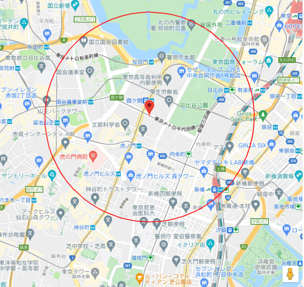 霞が関駅を中心に１ｋｍの円