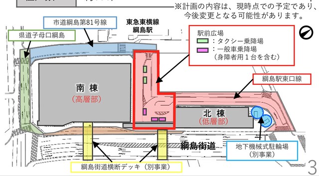 この図を見ると、北棟と綱島駅の間の一角は...