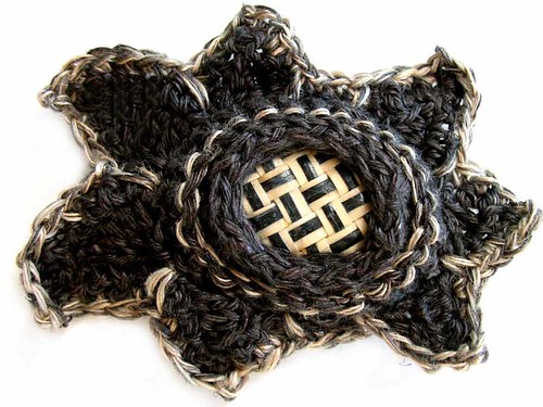Prudence Mapstone - crochet brooch in linen with rattan bead