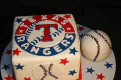Rangers cake with baseball made of cake • <a style="font-size:0.8em;" href="http://www.flickr.com/photos/60584691@N02/6715389405/" target="_blank">View on Flickr</a>