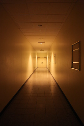 Long dark corridor to community room