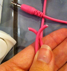 Audio cables cut in half to make two sets of leads