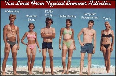 Tan Lines From Typical Summer Activities: Waterskiing, mountain biking, scuba diving, rollerblading, computer programming and tennis (by artist unknown)