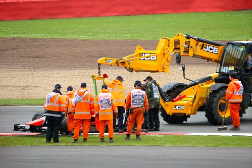 Max Chilton's Marussia GP2 car is recovered at Silverstone