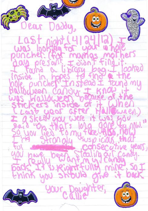 Dear Daddy, Last night (4/24/12)I was looking for your hole puncher. (for mamas mothers day presant. I didn't find it. I looked inside in hopes to find the hole puncher. Instead I found my Halloween candy. I know it was Halloween because of the stickers inside of it. When (last year after Halloween) I asked you were it was you said "Oh, that's long gone by now." So you lied to my face. Also, now I'm strongly suspicious that for consecutive years you have been stealing our candy. I really want my candy back. It is rightfully mine. So I think you should give it back. Your Daughter, Callie