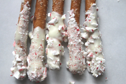 white chocolate peppermint dipped pretzels