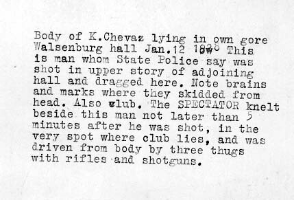 Verso of Postcard of body of Klementz Chavez, Walsenburg IWW Hall, Walsenburg, Colorado, 1928.
