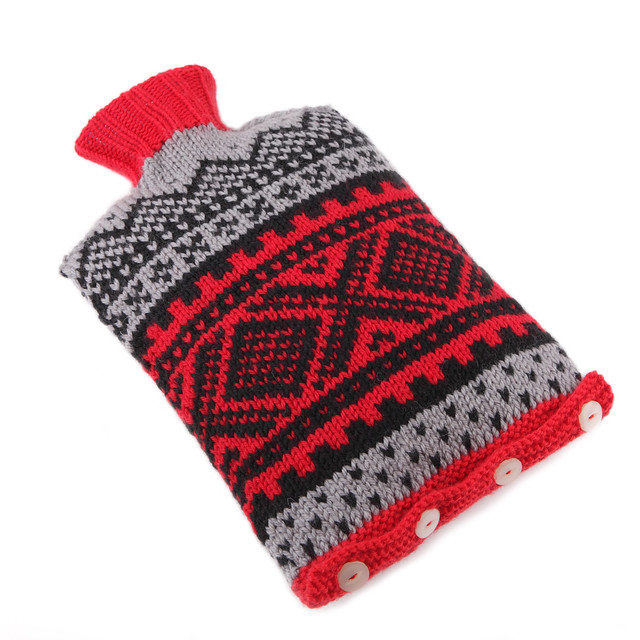 Hand knit Norwegian ski hot water bottle cover – red/black/grey