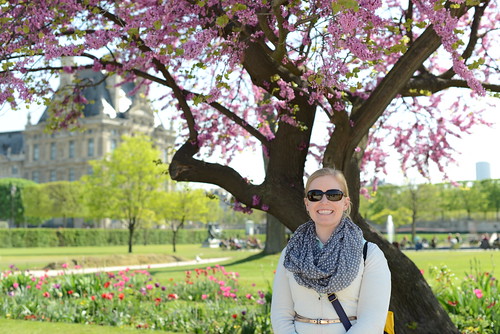 Mary with cherry blossoms outside Louvre, Paris