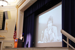 Professor Wilentz backed by photo of young Bob Dylan