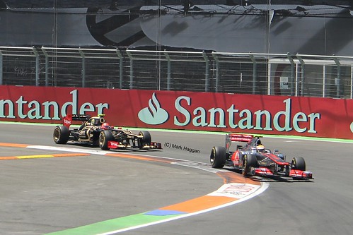 Lewis Hamilton in his McLaren F1 car being followed by Romain Grosjean in his Lotus F1 car during the 2012 European Grand Prix in Valencia