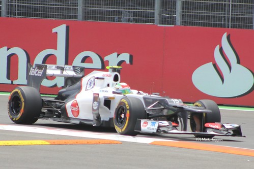 Sergio Perez in his Sauber F1 car at the 2012 European Grand Prix in Valencia