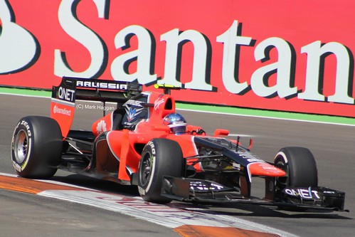 Charles Pic in his Marussia F1 car at the 2012 European Grand Prix at Valencia