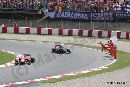 Kimi Raikkonen and Jules Bianchi after the 2013 Spanish Grand Prix