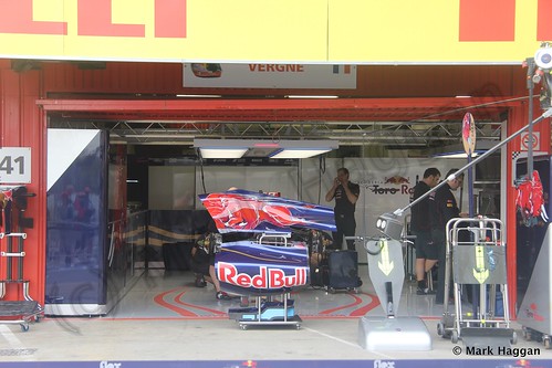 Jean-Eric Vergne's Toro Rosso pit garage at the 2013 Spanish Grand Prix