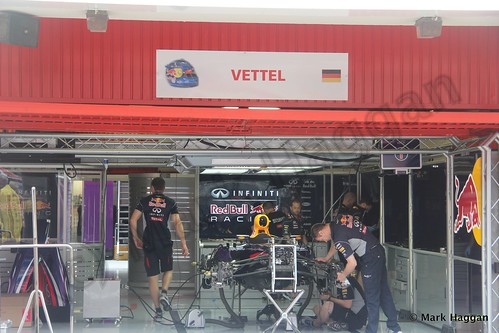 Sebastian Vettel's Red Bull pit garage at the 2013 Spanish Grand Prix