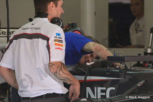 Nico Hulkenberg in his pit garage at 2013 Spanish Grand Prix