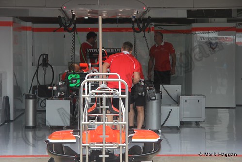 The Marussia pit garage at 2013 Spanish Grand Prix