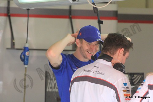 Nico Hulkenberg in his pit garage at 2013 Spanish Grand Prix