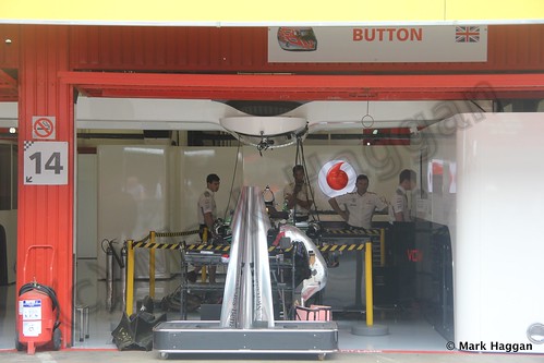 Jenson Button's McLaren pit garage at the 2013 Spanish Grand Prix