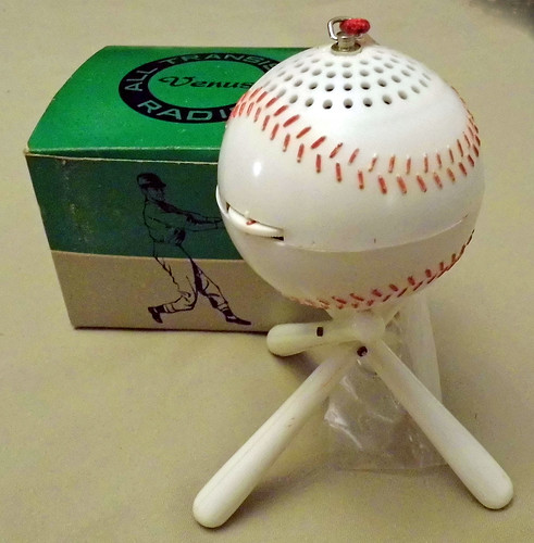 Vintage Made in Korea Transistor Radio Shaped Like Baseball in Box with Earbuds 