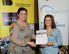 Worldhost participant Rebecca Reid from Rockies pictured with Councillor Deirdre Hargey